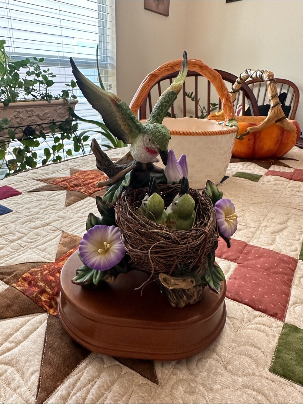 Decorative Songbird Nest Figurine with Purple Flowers Musicbox